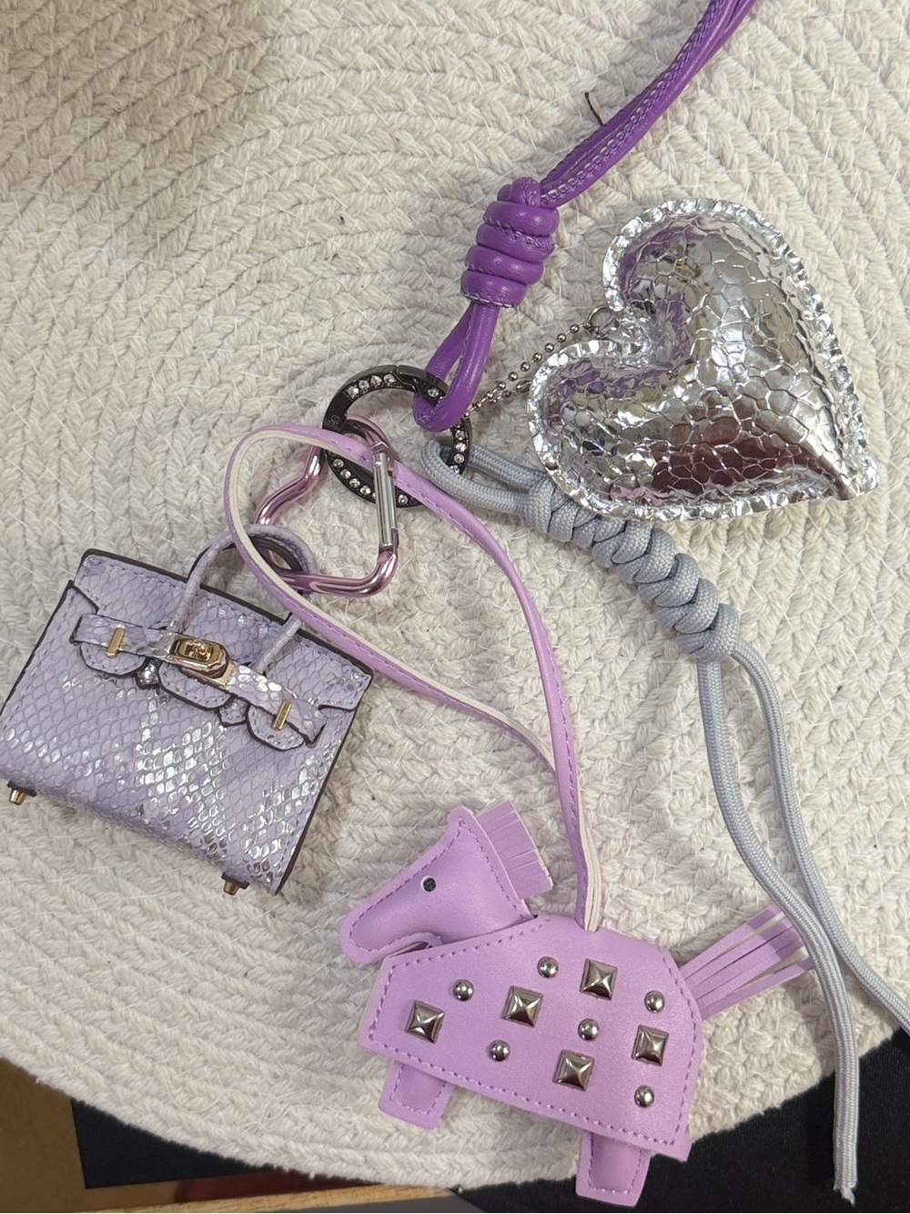 Mini Purple fashion Bag & Studded Pony Charm Set with Silver Puffy Heart Charm - Picture 3 of 8